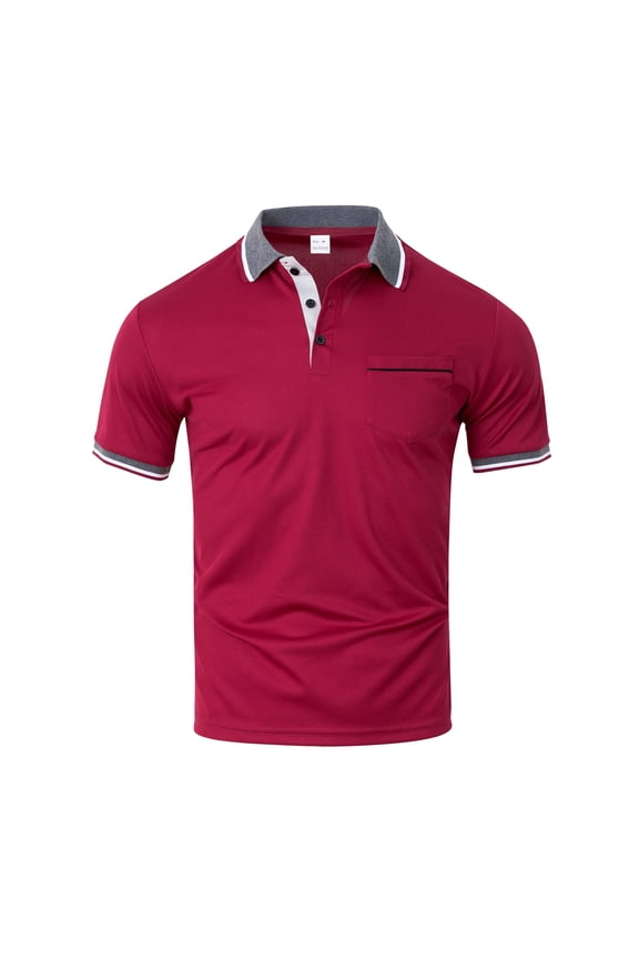 Dress Shirts Mens Button Down Short Sleeve Business Tops Collared Lightweight Chest Pockets Tennis T Shirts Patchwork Cotton Tees Wine 3XL