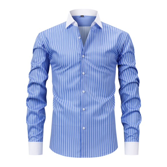 Dresfit Dress Shirts Mens Striped Button Down Shirt Spring Slim Fit Long Sleeve Solid Shirt Summer Button Up Big and Tall Office Formal Tops Blue L