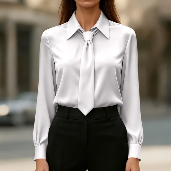 Dresfit Dress Shirts for Women Long Sleeve Polo Shirt with Bow Tie Summer Collared Satin Formal Tunic 2026 Button Up Plus Size Office Tops White L