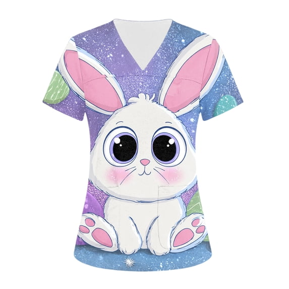 Dresfit Easter Scrub Tops Women 2026 Graphic V Neck Holiday Working Uniform Bunny Egg Print Medical Scrubs Pockets Loose Fit Nurse Scrubs Pink 2XL