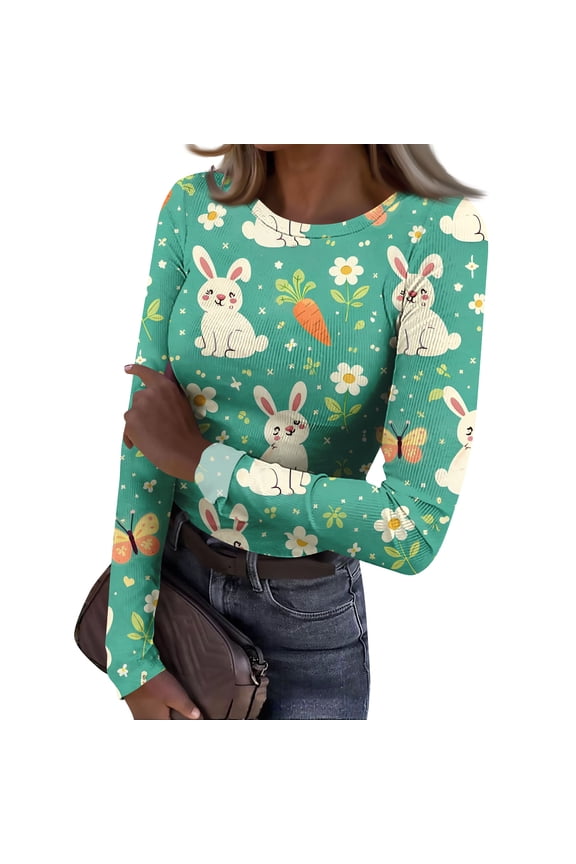 Easter Shirts Women 2026 Loose Fit Crewneck Long Sleeve Tops Holiday Rabbit Bunny Graphic Print Tunic Blouse Baggy Strech Tees Green L