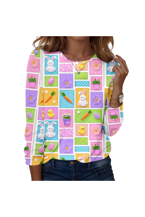 Easter Shirts Women Holiday Loose Fit Crewneck Long Sleeve Tees 2026 Bunny Rabbit Graphic Print Tunic Blouse Baggy Strech Tops White L