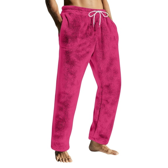 Dresfit Flannel Pajama Pants for Men Fall Fuzzy Pajamas Drawstring Plush Sleepwear Comfort Thick Fleece Lined Pant Lounge Warm Solid Color Bottoms with Pockets Hot Pink L