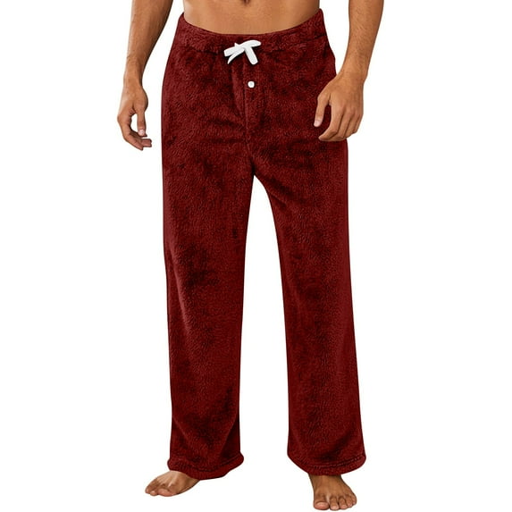 Dresfit Flannel Pajama Pants Mens Fall Fuzzy Pajamas Fleece Lined Pant Fluffy Lounge Drawstring Plush Bottoms Warm Comfort Solid Color Sleepwear with Pockets Wine 2XL