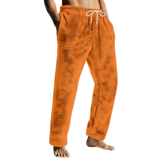 Dresfit Flannel Pajama Pants Mens Fall Fuzzy Pajamas Plush Solid Color Sleepwear Fluffy Warm Drawstring Bottoms Comfort Lounge Fleece Lined Pant with Pockets Saffron M