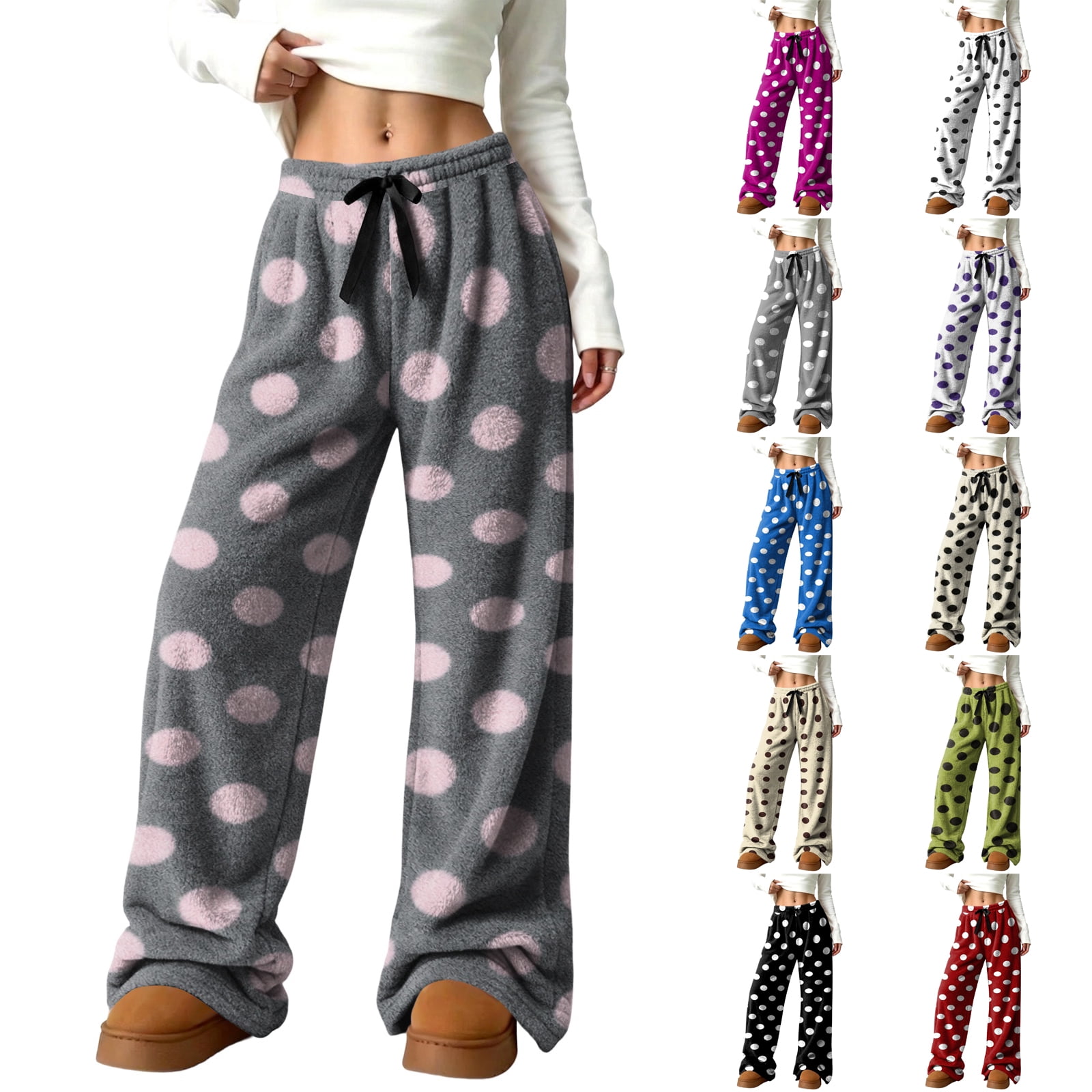 Dresfit Fleece Pajama Pants for Women Wide Leg Polka Dot Sleepwear Fall ...
