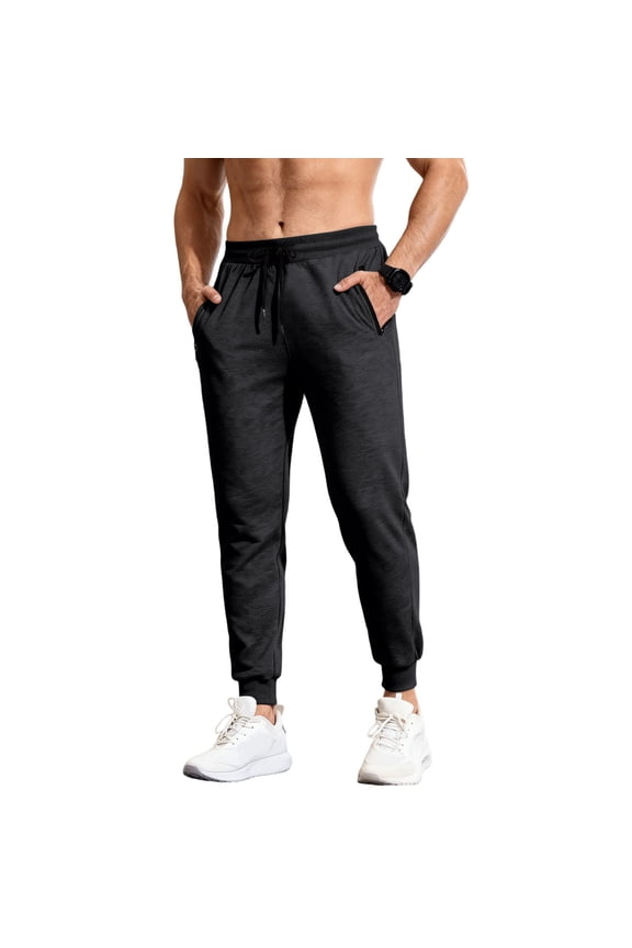 Fleece Sweat Pants for Men Fleece Lined Cuffed Joggers Long Slim Fit Workout Breathable Sweatpants Thermal Lightweight Gym Trousers with Pockets Black L