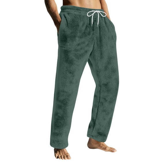 Dresfit Fuzzy Pajama Pants for Men Fall Flannel Pajamas Solid Color Drawstring Sleepwear Lounge Warm Fleece Lined Pant Comfort Fluffy Plush Bottoms with Pockets Dark Green 2XL