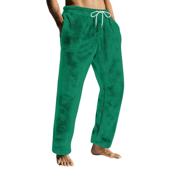 Dresfit Fuzzy Pajama Pants Mens Winter Flannel Pajamas Plush Solid Color Sleepwear Fluffy Warm Drawstring Bottoms Lounge Comfort Fleece Lined Pant with Pockets Green 2XL
