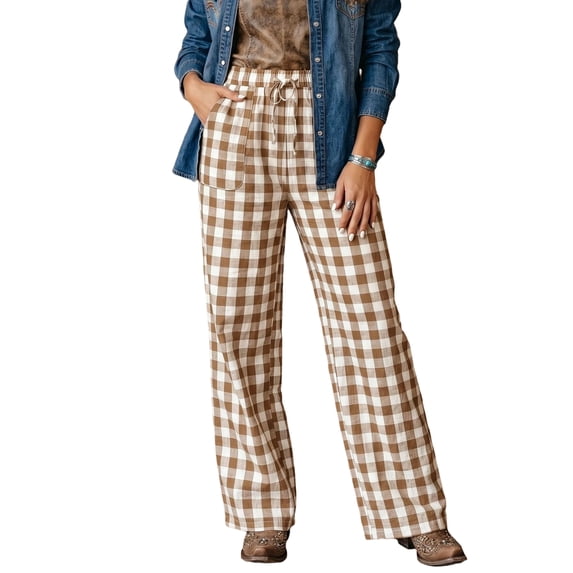 Dresfit Gingham Pants for Women Baggy Wide Leg Sweatpants Drawstring Plaid Sweat Pants Lightweight Relaxed Fit Wide Leg Athletic Palazzo Pants with Pockets L