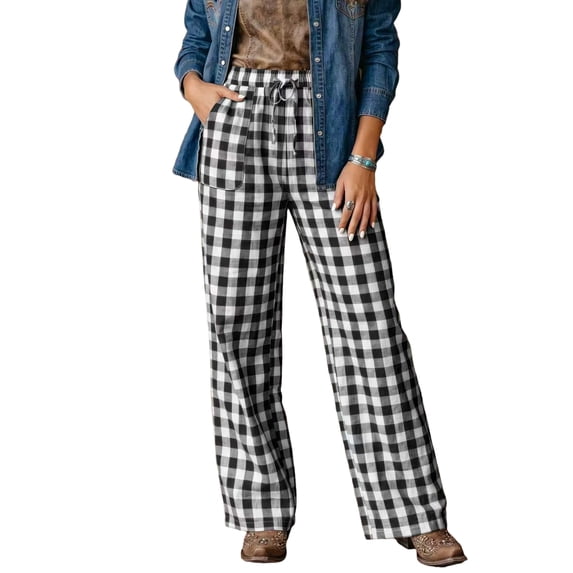 Dresfit Gingham Pants for Women Wide Leg Baggy Sweatpants Drawstring Wide Leg Palazzo Pants Relaxed Fit Straight Leg Plaid Running Sweat Pants with Pockets XL