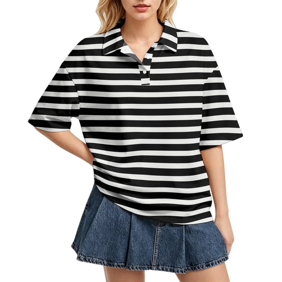 Dresfit Polo Shirts Womens Button Down Striped Golf Shirts 2026 Summer Short Sleeve Tennis Graphic Tees Lightweight Regular Fit Plus Size Golf Tops S