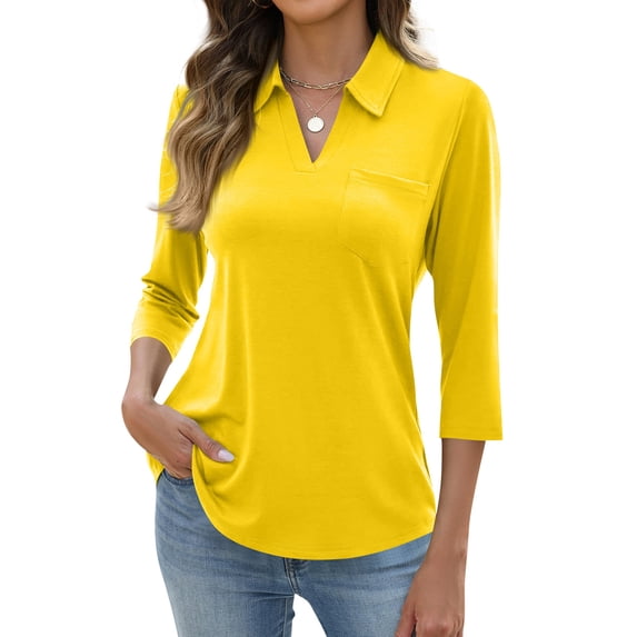 Dresfit Golf Tees Women V Neck 3/4 Sleeve Dressy Tops Summer 2026 Collared Sun Protection Work Shirt Loose Quick Dry Breathable Business Basic Tees Yellow XL