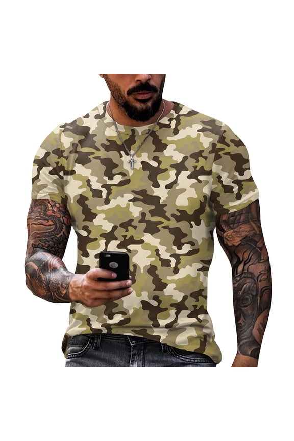 Gym Shirts Men Short Sleeve Camouflage Work Out T Shirts Crew Neck Musle Lightweight Tennis Tops Cotton Relaxed Fit Tees Brown 3XL