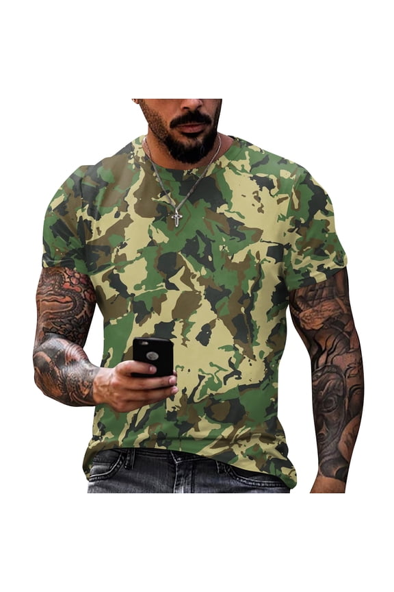 Gym Shirts Men Short Sleeve Crew Neck Tennis T Shirts Camouflage Lightweight Basic Athletic Tops Musle Cotton Tees Khaki 2XL
