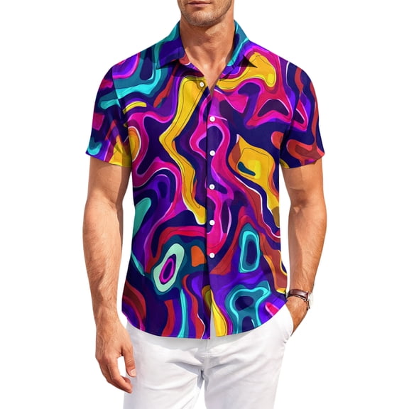 Dresfit Hawaiian Shirt for Men Short Sleeve Graphic Polo Shirts Spring 2026 Button Down Beach Mokaloha Shirt Funny Loose Floral Holiday Aloha Shirt Purple S