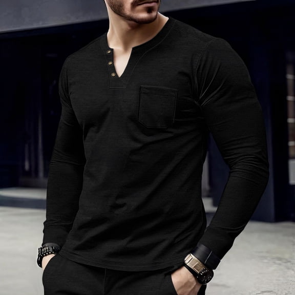 Dresfit Henley Shirt Mens Cotton Long Sleeve Shirts Summer Lightweight Solid Chest Pocket Casual Shirt Spring Button Down Plus Size Athletic Loungewear Black L