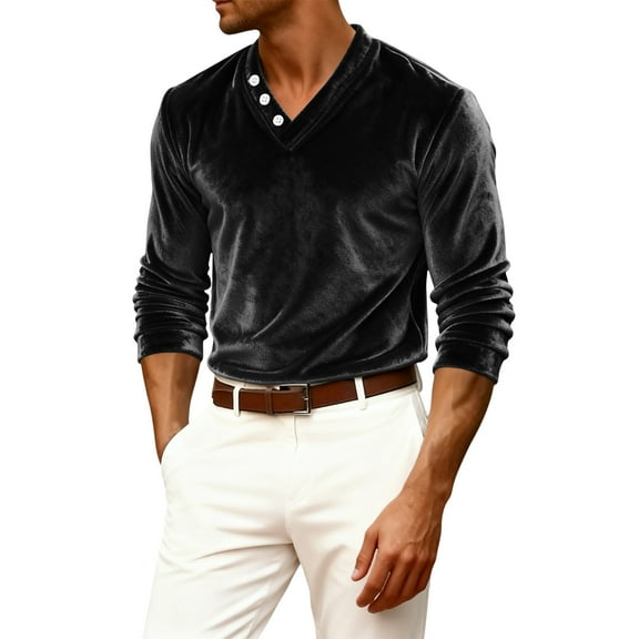 Dresfit Henley Shirt Mens Velvet V Neck Carnival Shirts 2026 Spring Velour Long Sleeve Pullover Big and Tall Loose Fit Holiday Party Tops Black XL