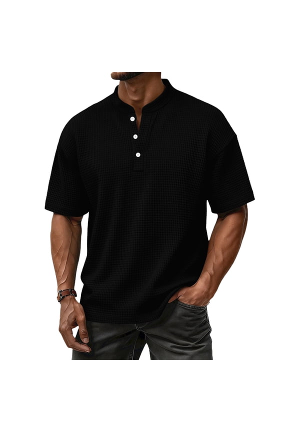 Henley Shirt for Man Short Sleeve Waffle Knitted Shirts Summer 2026 Oversized Athletic Shirt Button Down Basic Lightweight Tees Black 2XL