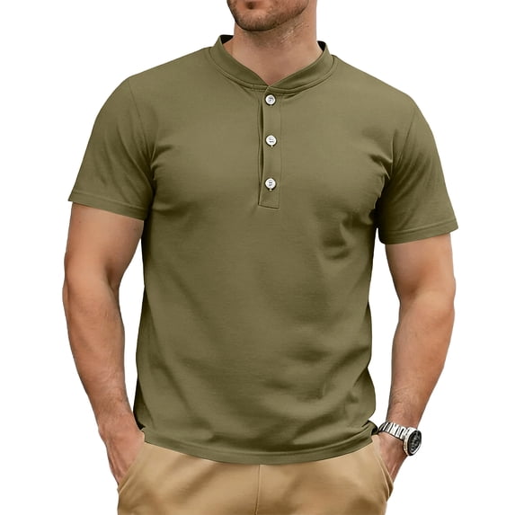 Dresfit Henley Shirts for Men Short Sleeve Big and Tall Button Down Shirt Summer 2026 Stretch Athletic Shirt Loose Fit Cotton Lightweight Tees Army Green L