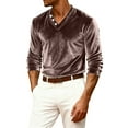 thumbnail image 1 of Dresfit Henley Shirts for Men Velvet V Neck Party Shirt Summer Spring Button Down Long Sleeve Pullover Loose Fit Velour Carnival Mardi Gras Tops Coffee M, 1 of 5