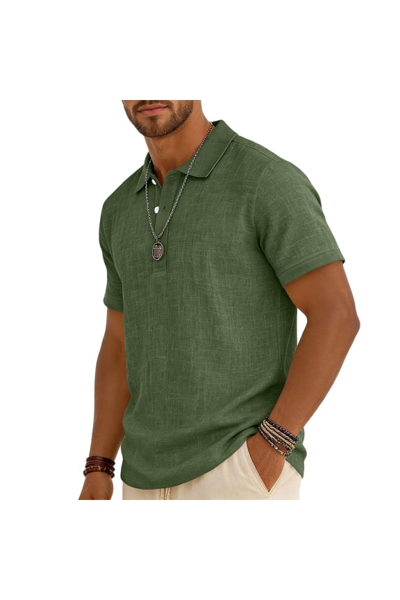Henley Shirts Mens Button Down Linen Polo Shirt Summer Spring Short Sleeve Cotton Vintage Tops Button Up Big and Tall Stretch Basic T Shirts Army Green 3XL
