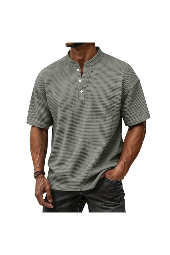 Henley Shirts for Man Breathable Knitted Waffle Shirt Summer 2026 Button Down Workout Shirt Basic Loose Fit Solid Tees Gray 2XL