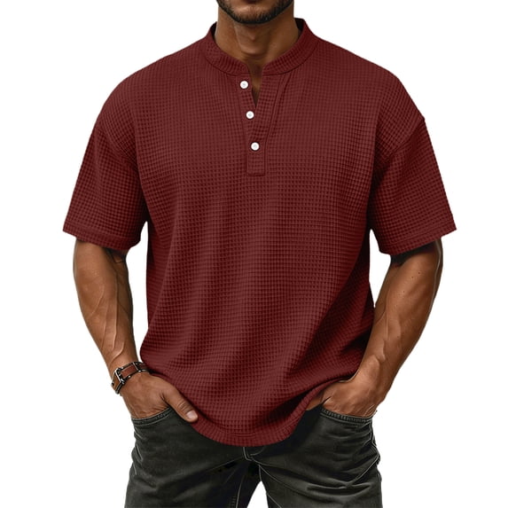 Dresfit Henley Shirts for Men Short Sleeve Waffle Knitted Shirt Summer 2026 Basic Athletic T Shirts Big and Tall Oversized Button Down Tees Wine L