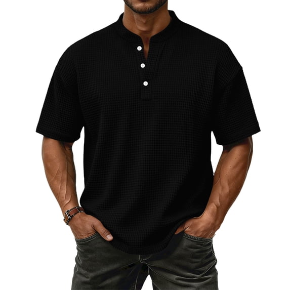 Dresfit Henley Shirts for Men Waffle Breathable Knitted Shirt Summer 2026 Lightweight Workout Tees Big and Tall Oversized Button Down Shirt Black S