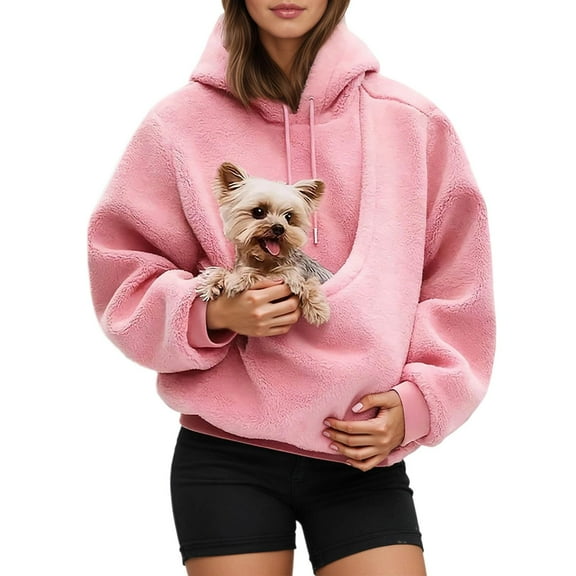 Dresfit Hoodie with Dog Pouch Mens Womens Fall Fleece Pet Carrier Tops Sherpa Hooded Sweatshirts Women Men Kangaroo Pocket Animal Holder Pullover Pink 2XL