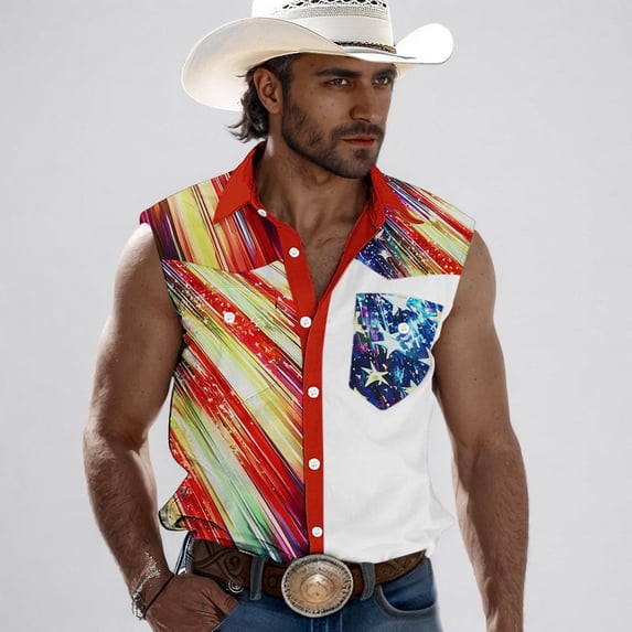 Dresfit Independence Day Cowboy Shirts for Men Lapel Sleeveless Tank Tops Summer 2026 4th Of July Shirt Big and Tall Muscle 250 Anniversary Usa Tees Red 4XL