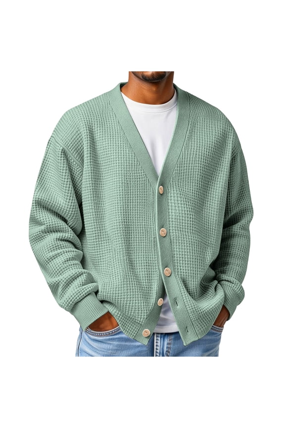 Knit Sweaters for Men Long Sleeve Knitted Sweater Button Up Ribbed Waffle Shirt Spring Front V Neck Big and Tall Textured Dressy Cardigan Back To School Pullover Light Green 4XL