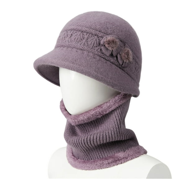 Dresfit Knitted Bucket Hat for Ladies Crohet Round Brim Cloche Hat with Bib Flower Baggy Vintage Winter Brimmed Solid Visor Brim Hat Light Purple One Size