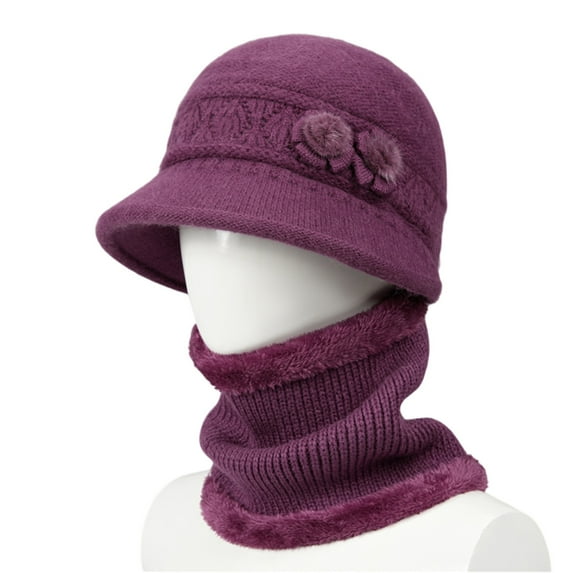 Dresfit Knitted Bucket Hat for Woman Crohet Round Brim Cloche Hat with Bib Flower Thermal Vintage Cold Weather Slouchy Versatile Visor Brim Fisherman Cap Purple One Size