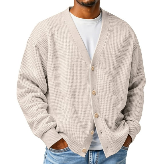 Dresfit Knitted Shirt Men Button Up Cardigan Sweaters Ribbed Long Sleeve Waffle Sweater Winter Front V Neck Textured Big and Tall Dressy Pullover Back To School Cardigan Beige 4XL