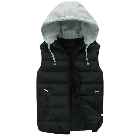 Dresfit Lightweight Jacket for Men Sleeveless Hooded Quilted Jacket Cotton Plus Size Padded Autumn Waistcoat Zip Up Thick Solid Color Coat with Pockets Black M