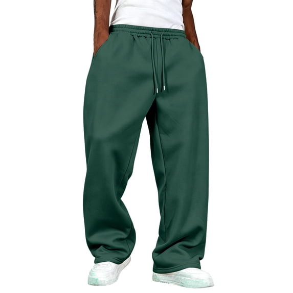 Dresfit Linen Pants for Men Wide Leg Baggy Sweat Pants Fall Winter Big and Tall Drawstring Sweatpants Solid Elastic Waist Straight Leg Gym Joggers 3XL