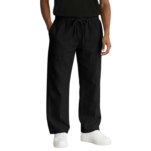 Dresfit Linen Pants Mens Lounge Wide Leg Pants Spring Elastic Waist Big and Tall Straight Leg Slacks Drawstring Uncuffed Loose Vacation Travel Pant Black 3XL