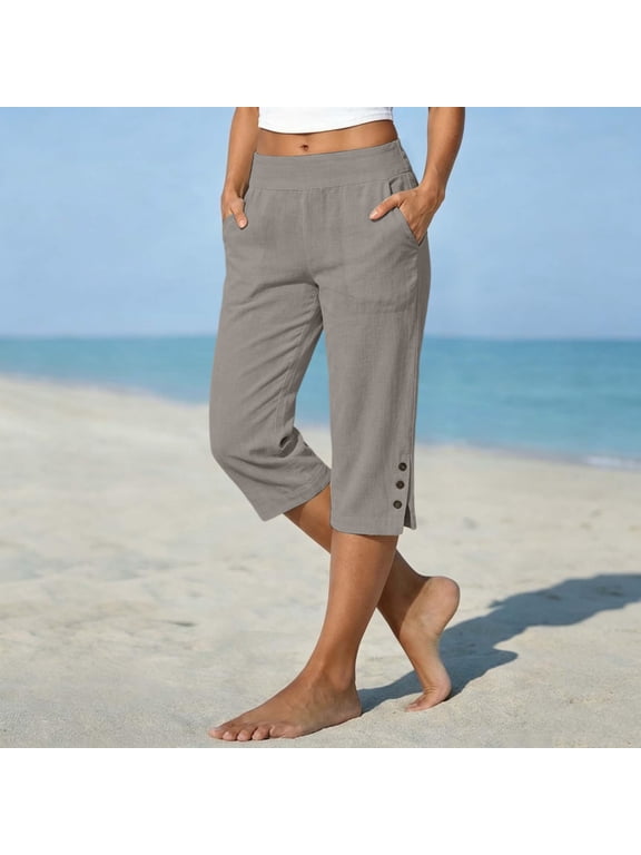 Linen Pants Women Elastic Waist Petite Capri Pants 2026 Summer Baggy Beach Cropped Pant Lounge Lightweight Side Split Trousers with Pockets 2XL