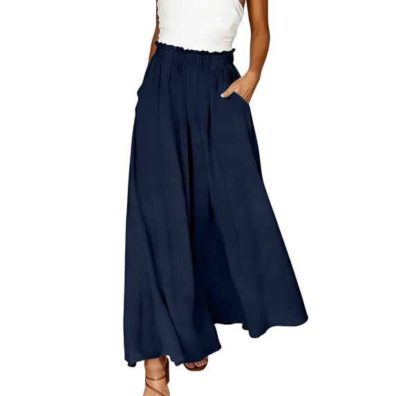 Dresfit Linen Pants Women Palazzo Wide Leg Pants Summer 2026 Baggy Flowy Pant Elastic High Waist Plus Size Ruffle Beach Trousers with Pockets XL