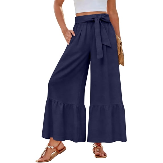 Dresfit Linen Pants Women Wide Leg Palazzo Boho Pant Summer 2026 Loose Lightweight Slacks Elastic High Waist Lounge Yoga Trousers with Pockets Navy S