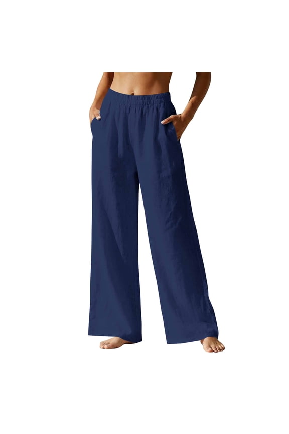 Linen Pants Womens Wide Leg Palazzo Boho Trousers Summer 2026 Lightweight Elastic Pant Flowy Lounge Beach Slacks with Pockets Dark Blue S