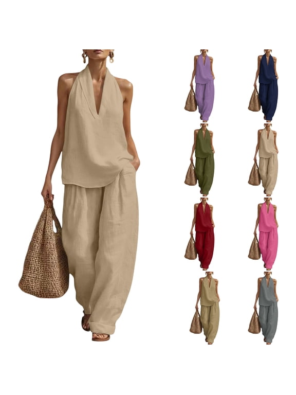 Linen Sets for Women Sleeveless Halter V Neck Top Matching Baggy Wide Leg Pants 2 Piece Sets 2026 Summer Plus Size Lightweight Lounge Sets L