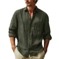 thumbnail image 1 of Dresfit Linen Shirts Men Collared Button Down Shirt 2026 Lightweight Solid Long Sleeve Shirt Spring Stretch Big and Tall Dress Work Tops Army Green S, 1 of 3