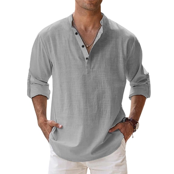 Dresfit Linen Shirts Mens Henley Button Shirt 2026 Stretch Solid Long Sleeve Tops Summer Lightweight Slim Fit Hawaiian Yoga Shirt Gray L