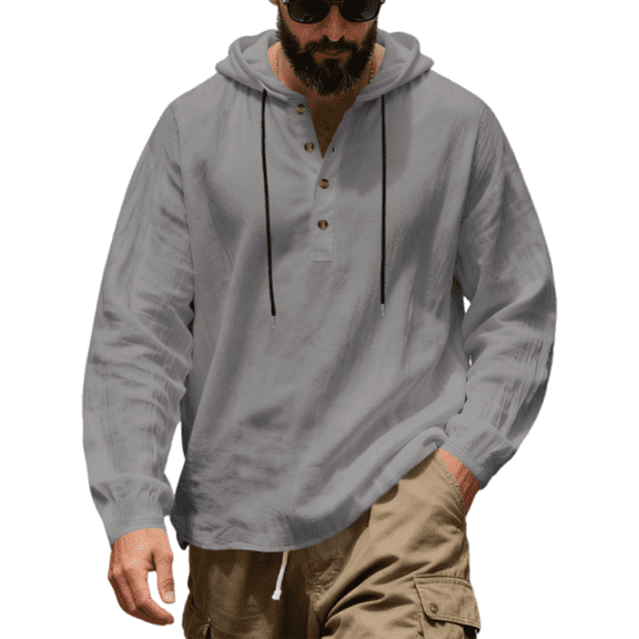 Dresfit Linen Shirts Mens Long Sleeve Henley Shirts 2026 Spring Oversized Hawaiian T Shirt with Hood Drawstring Big and Tall Relaxed Fit Breathable Fashion Gray M