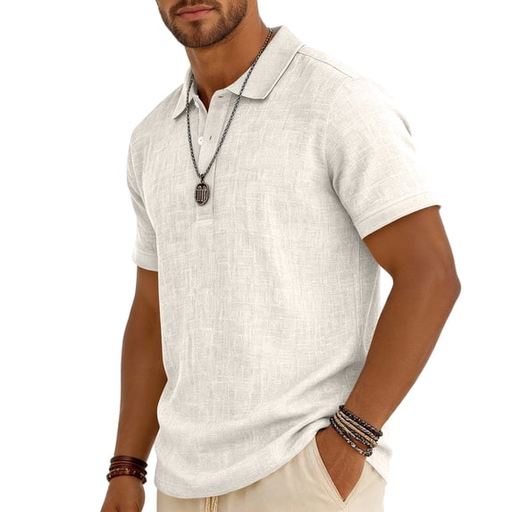 Dresfit Linen Shirts Mens Short Sleeve Polo Henley Shirt Summer Spring Cotton Button Down Vintage T Shirts Button Up Lightweight Slim Fit Basic Tees White 3XL