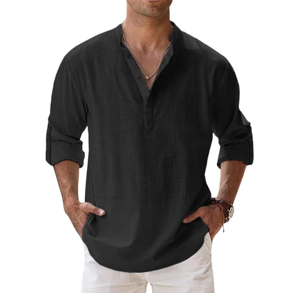 Dresfit Linen Shirts for Men Long Sleeve Button Shirt Summer Slim Fit Solid Henley Tops Spring Stretch Loose Beach Casual Shirt Black 2XL