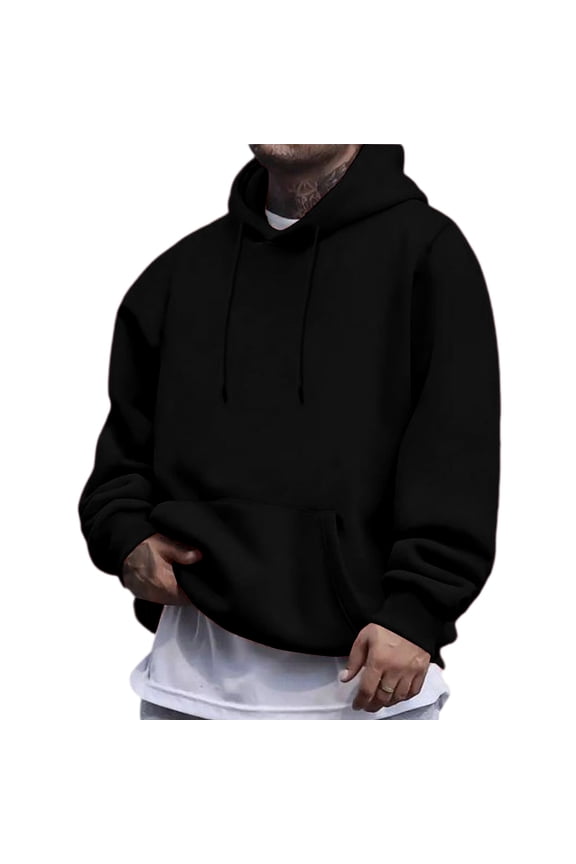 Long Hoodie Mens Kangaroo Pockets Plain Hoodies Fall Winter Drawstring Big and Tall Workout Sweatshirts Cotton Hooded Loose Pullover Black 3XL