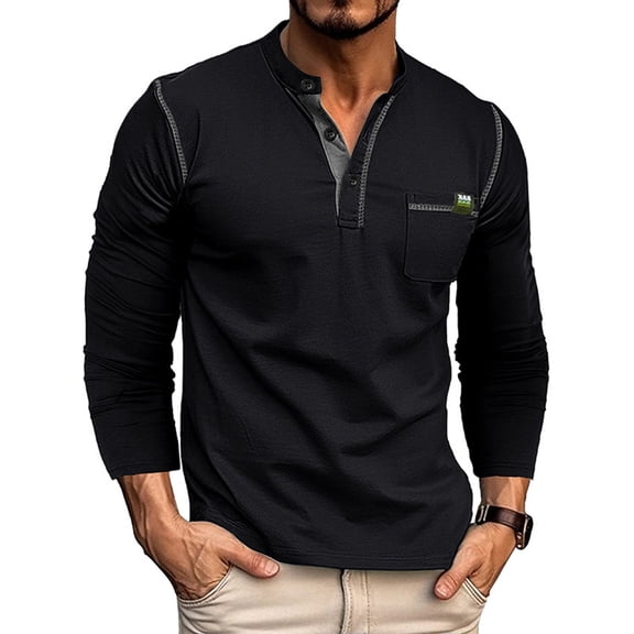 Dresfit Long Sleeve Shirts for Men Button Henley Shirt Summer Lightweight Color Block Chest Pocket Formal Tops 2026 Loose Basic Work Loungewear Black XL